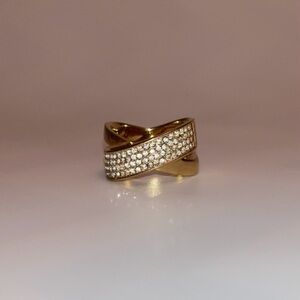 SOLID Michael Kors cross style pave gold tone CZ chunky stylish ring, size 8